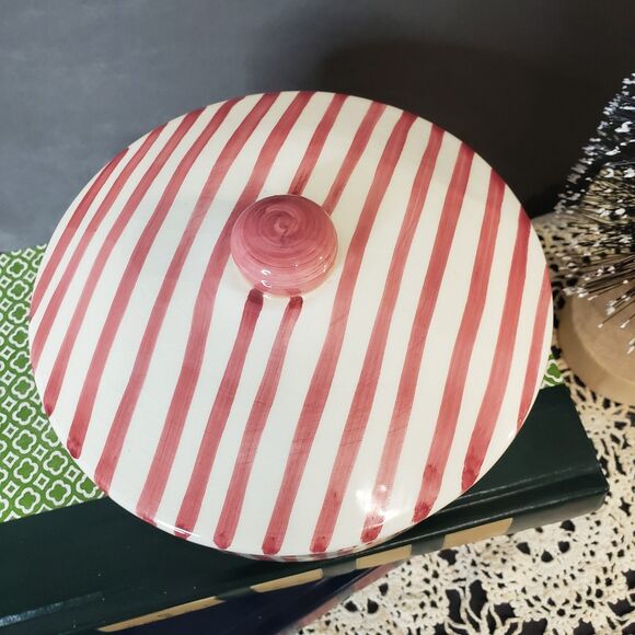 Vintage MCM Red and White Stripe Ceramic Lidded Dresser Jar Candy Dish - Picture 6 of 9